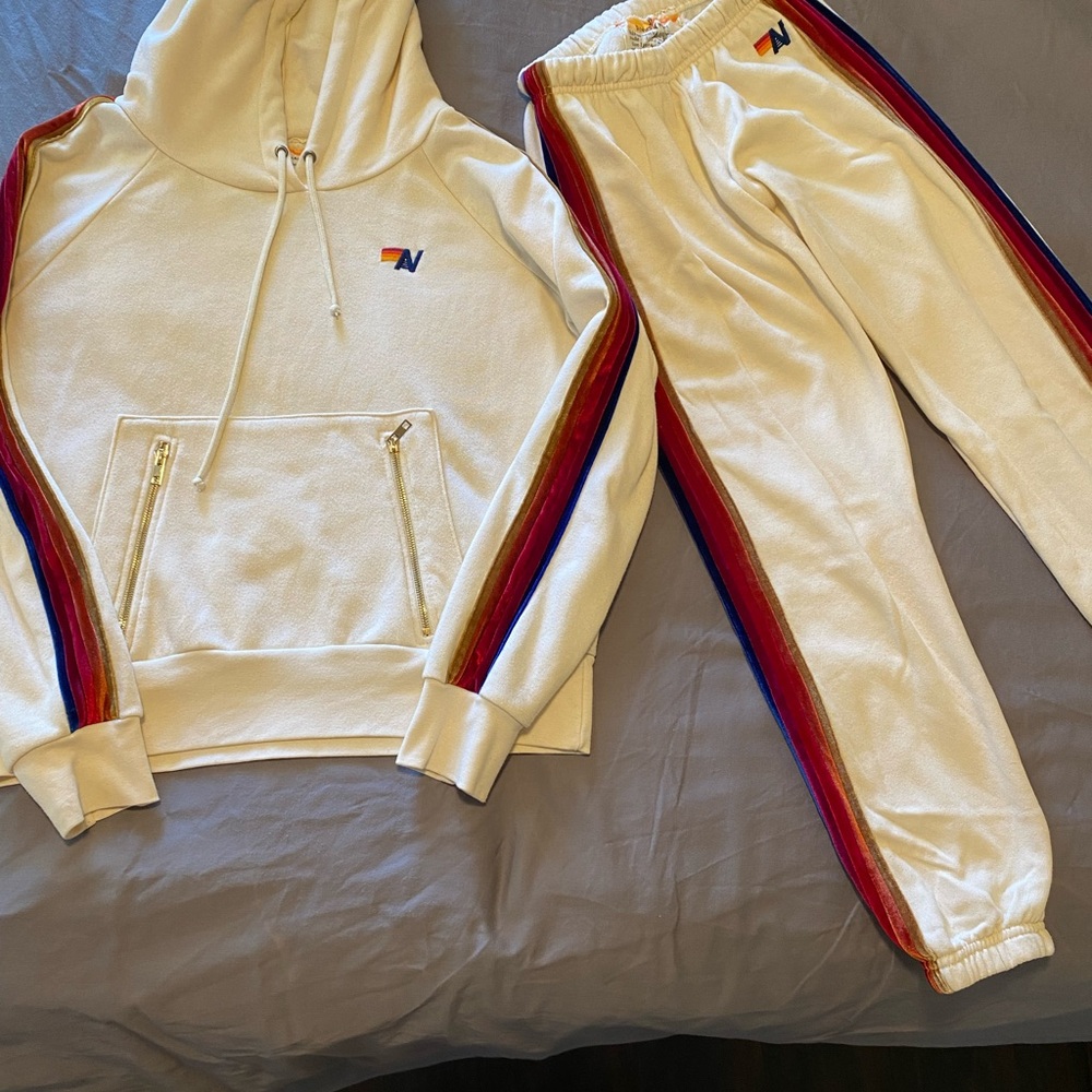 Aviator Nation Cream Joggers with Rainbow Velvet Stripes